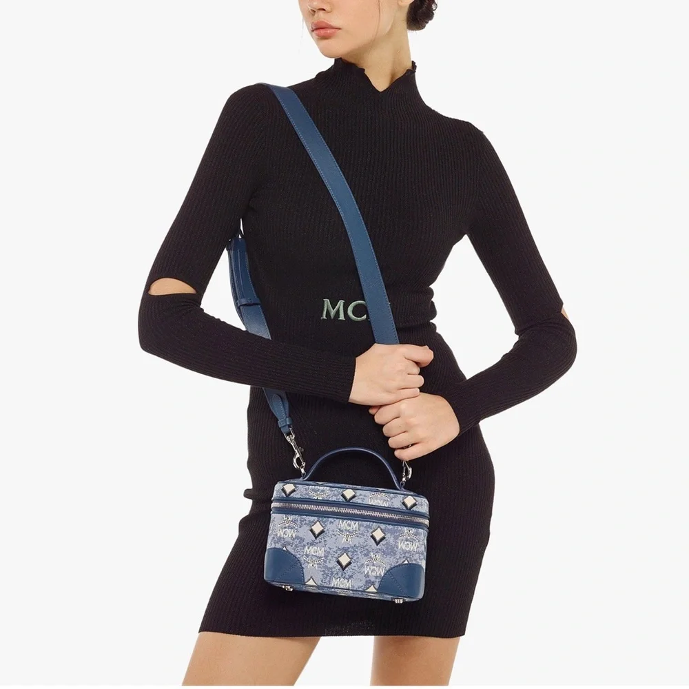 MCM Blue Logo Monogram Crossbody Vanity Case